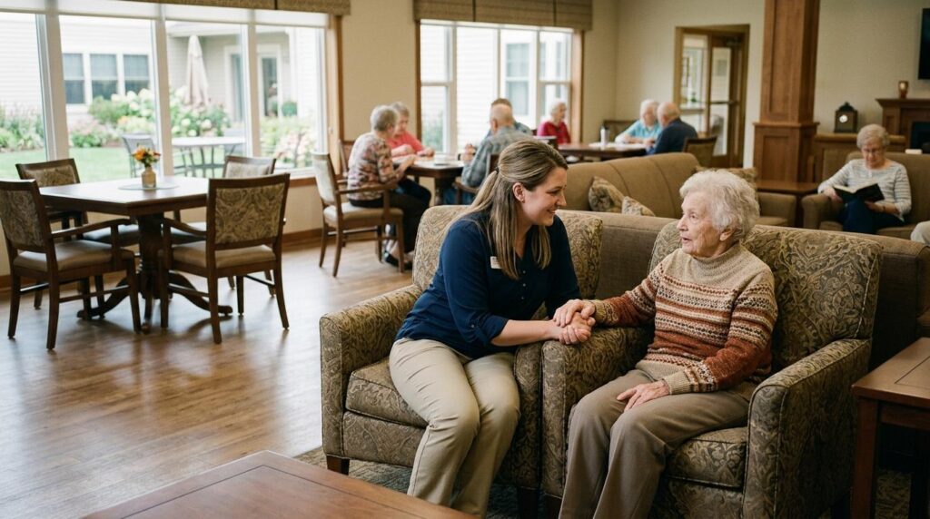 An adult sits and talks with an older adult in a warm assisted living community, with other residents in the background.