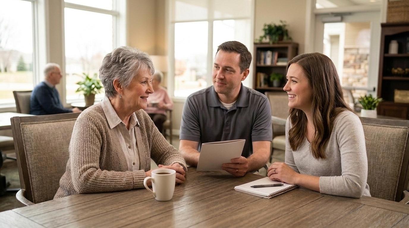 Family members sit together in a comfortable setting, discussing senior living options.
