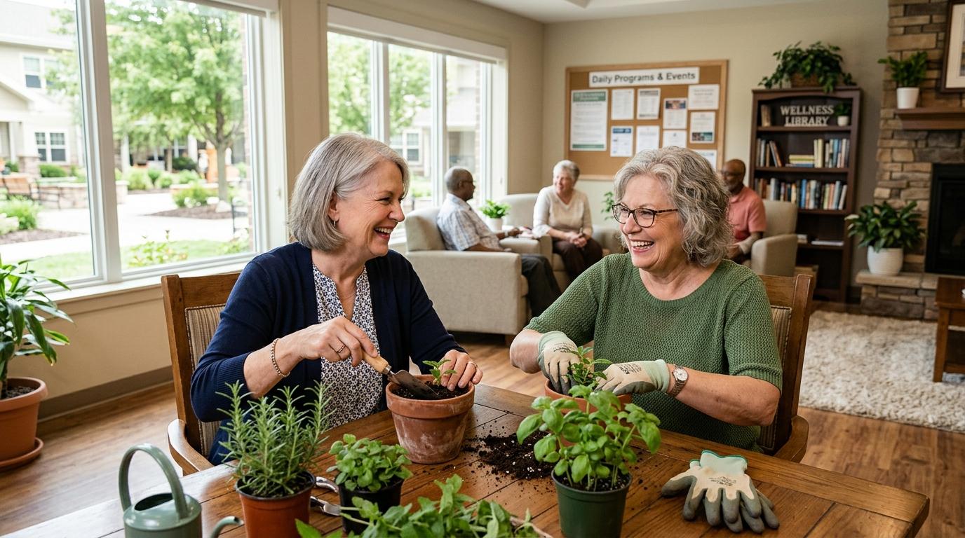 Smiling seniors enjoy a wellness activity of repotting some plants at a vibrant senior living community focused on whole-health care.