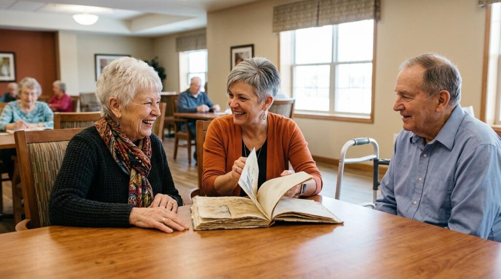 A group of smiling seniors looks through an old scrapbook together in an assisted living community.