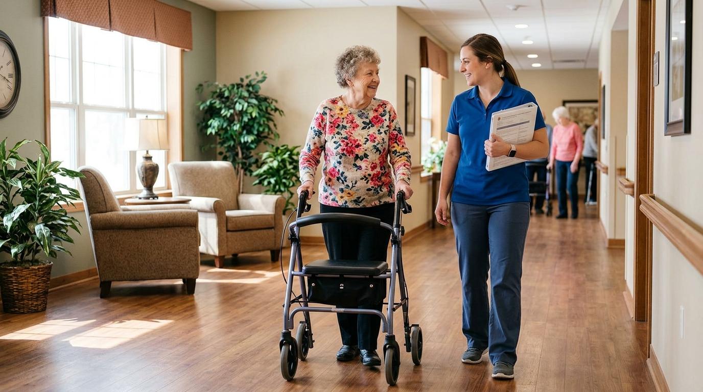 A senior living caregiver assists a resident with mobility support in a warm, welcoming community setting.