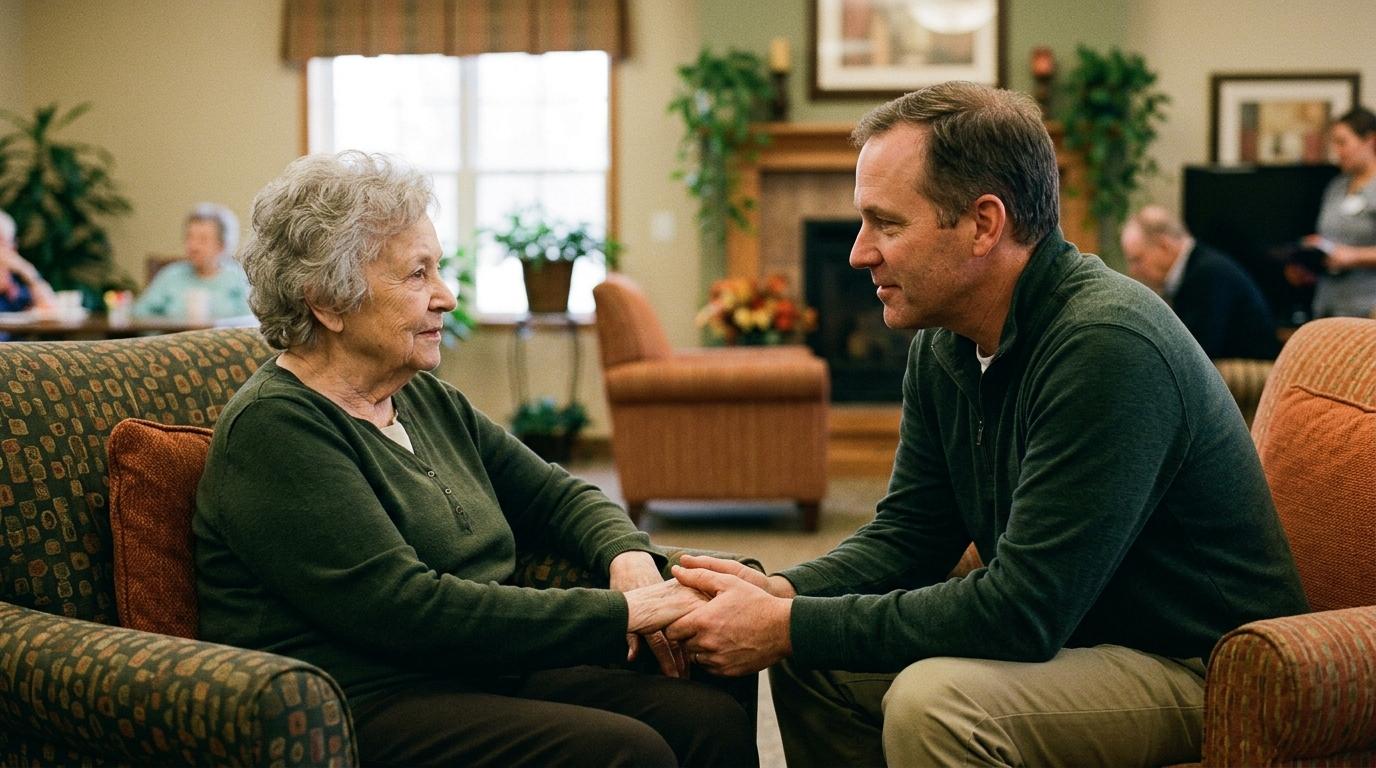 Two adults having a warm, caring conversation at a table, representing how to talk with a loved one about senior living options.
