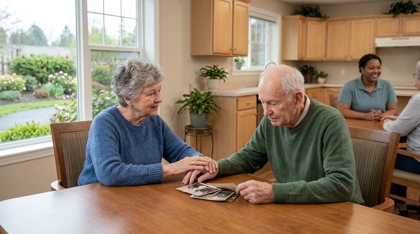 A senior woman holds an older man's hand as they sit together at a table, looking at old photos.